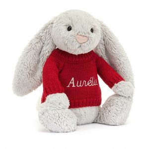 Bashful Silver Bunny with Personalised Red Jumper Medium | YEZIQ8329